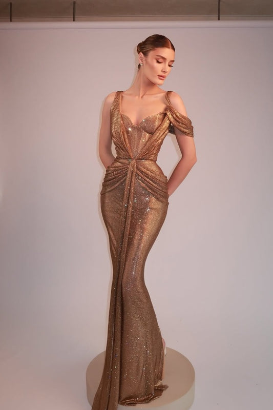 Gold Long Prom Dress Mermaid Sleeveless with Sequins