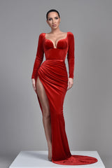 Modern Long Sleeves Red Prom Dresses Velvet Split Long Mermaid
