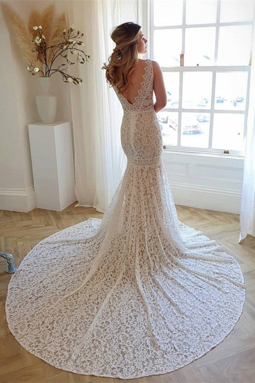 Mermaid Wedding Dress with V Neck Lace and Chapel Train
