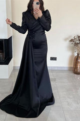 Classy V-Neck Long Sleeves Mermaid Prom Dress Ruffles With Appliques Split