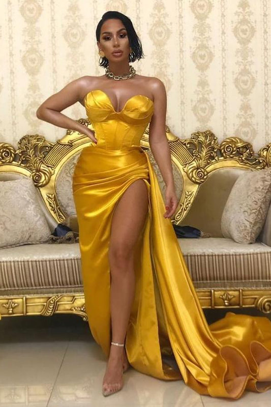 Yellow Gold Sweetheart Slit Prom Dress Long On Sale