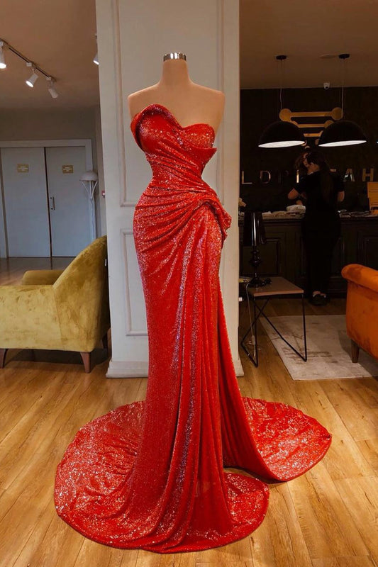 Gorgeous Red Sequins Mermaid Prom Dress Long Strapless