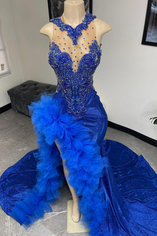 Modern Royal Blue Mermaid Prom Dress Sleeveless High Slit WIth Beadings Ruffles