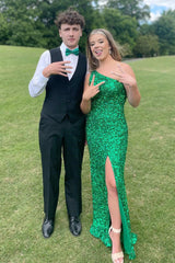 Charming One Shoulder Sleeveless Mermaid Prom Dress Sequins With Split Long