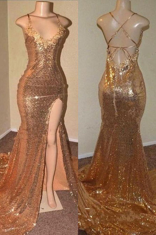 Sequins Mermaid V-Neck Prom Dress Mermaid Long With Split