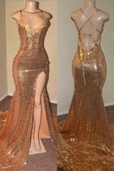 Sequins Mermaid V-Neck Prom Dress Mermaid Long With Split