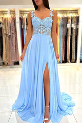 Baby Blue Sweetheart A Line Lace Long Prom Dress With Slit