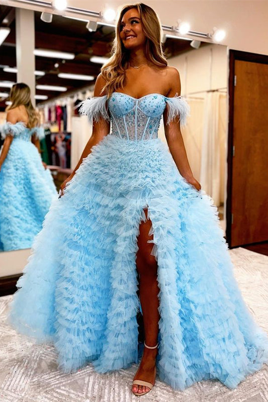 Light Blue Feather Evening Dress V Neck With Slit