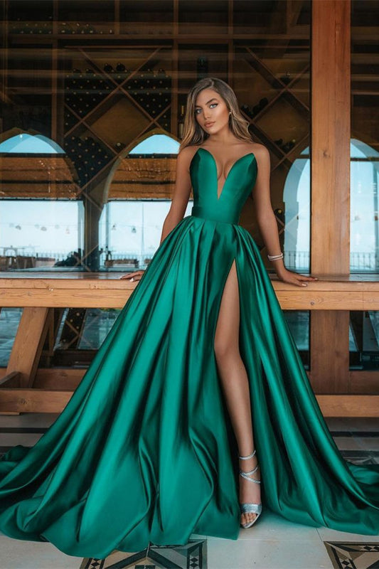 Stunning V-Neck Sleeveless Emerald Green Prom Dress Long With Split