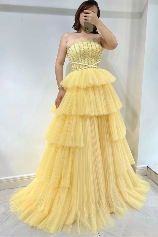 Daffodil Strapless Sleeveless Tulle Prom Dress with layered