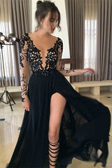 Black Long Sleeves Evening Dress Split