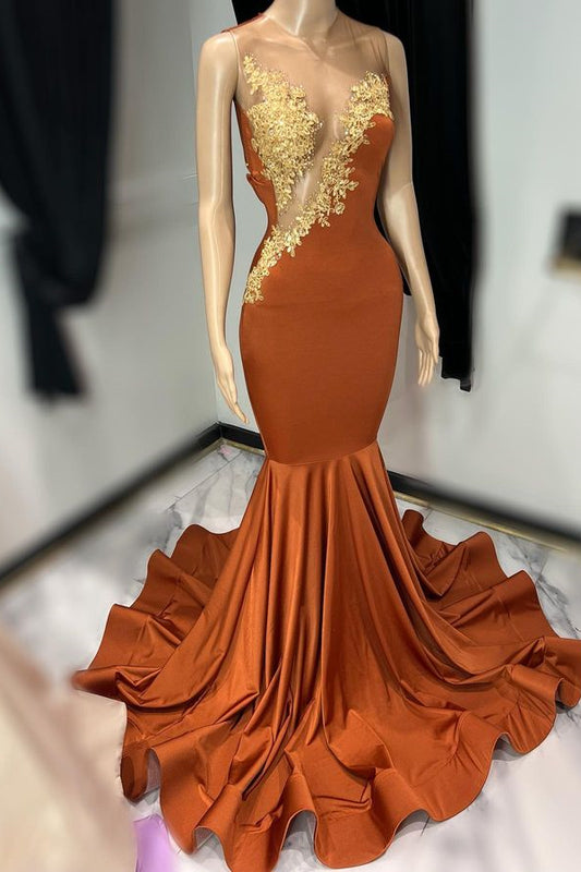 Brown Sleeveless Prom Dress Tulle With Appliques Mermaid Long