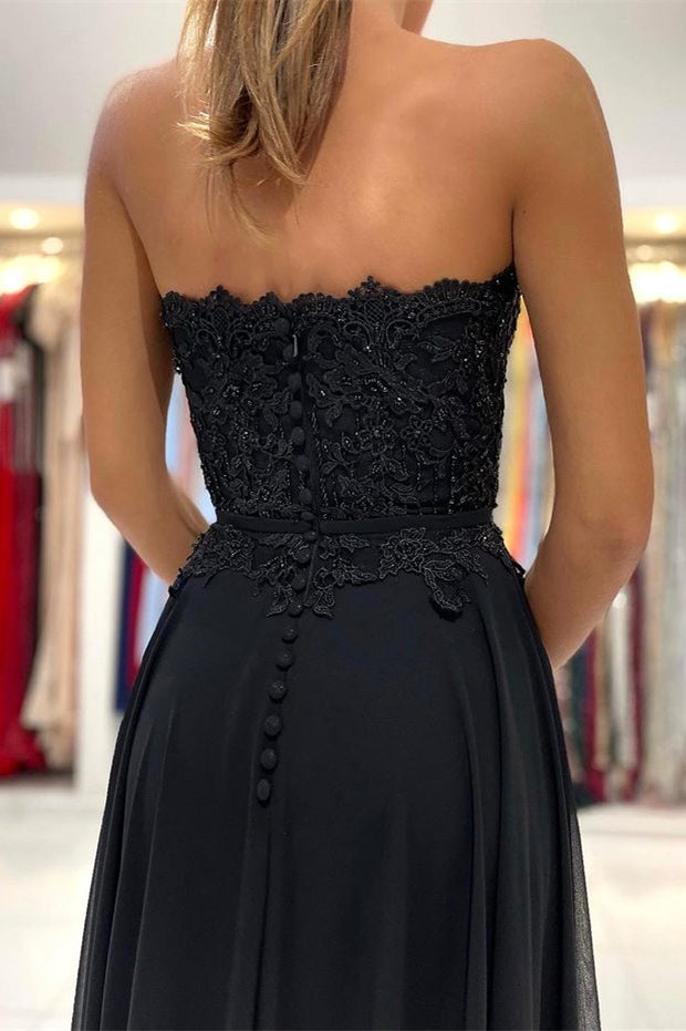 Modern Black Sweetheart Chiffon Prom Dress Appliques With Split