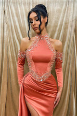 Glorious Coral Long Sleeves High Neck Prom Dress Mermaid With Beads Split Long