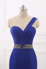 Royal Blue One Shoulder Sleeveless Mermaid Prom Dress with Beads Rhinestones