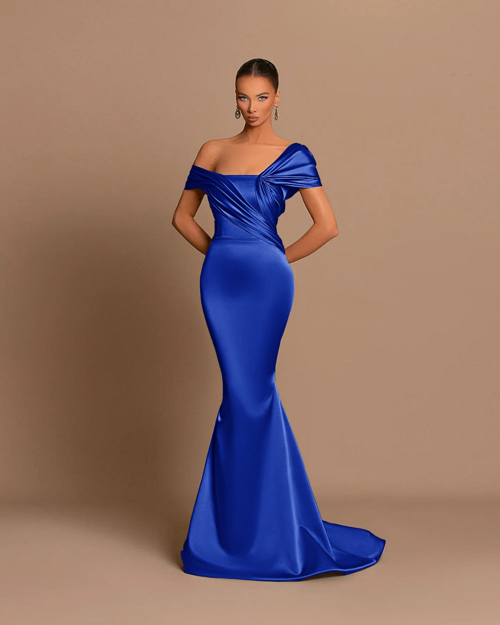 Grey Evening Dress Off-the-Shoulder Bateau Pleated Gown