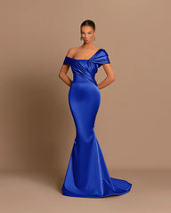 Grey Evening Dress Off-the-Shoulder Bateau Pleated Gown