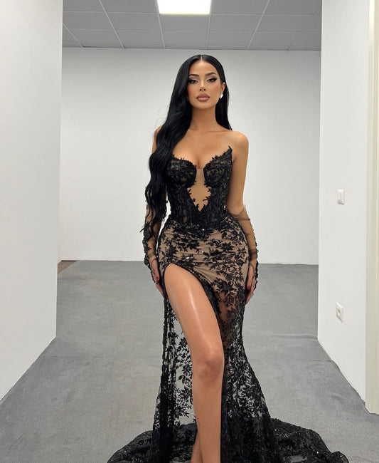 Lace Black Long Prom Dress With High Slit Gown Gloves Printing