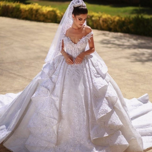 Elegant Off-the-Shoulder Lace Ball Gown Wedding Dress
