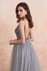 Gorgeous Silver Grey V-Neck Prom Dress Tulle Split With Beads