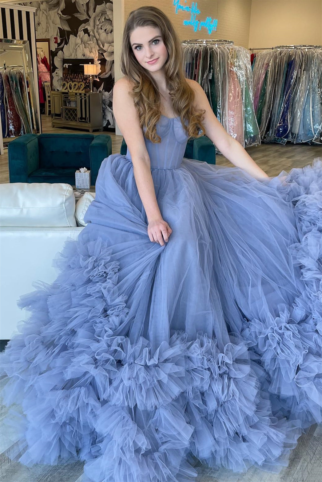 Modern Dusty Blue Strapless Ball Gown Prom Dress With Tulle Ruffles