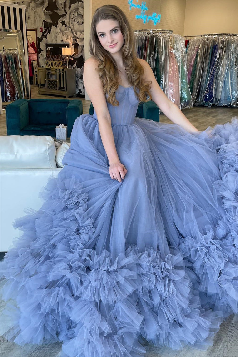 Modern Dusty Blue Strapless Ball Gown Prom Dress With Tulle Ruffles