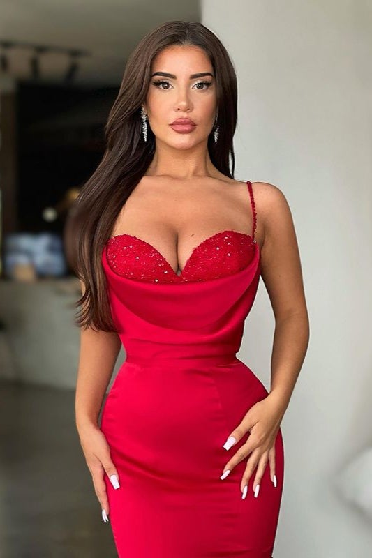 Fabulous Red Spaghetti-Straps Mermaid Prom Dress Long With Beads