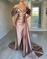 Dusty Pink Off the Shoulder Prom Dress V Neck Split Pleated