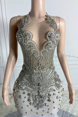 Modern Silver Mermaid Prom Dress Long Beadings Sleeveless On Sale