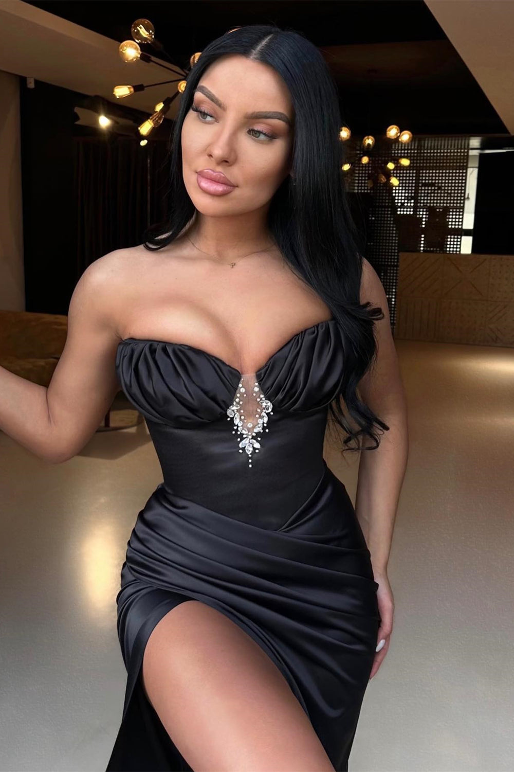 Gorgeous Black Strapless Mermaid Prom Dress Pleats Beads With Split
