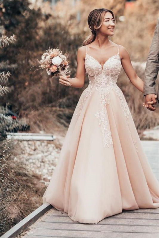A-Line Wedding Dress with Lace and Spaghetti-Strap Tulle