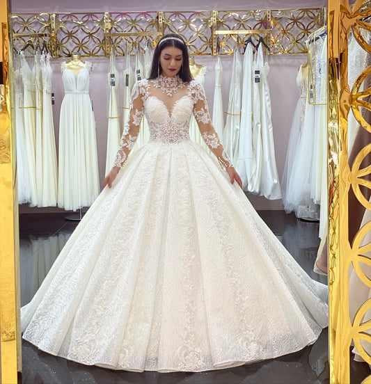 Elegant High-neck Long Sleeve Wedding Dress Featuring Lace Appliques