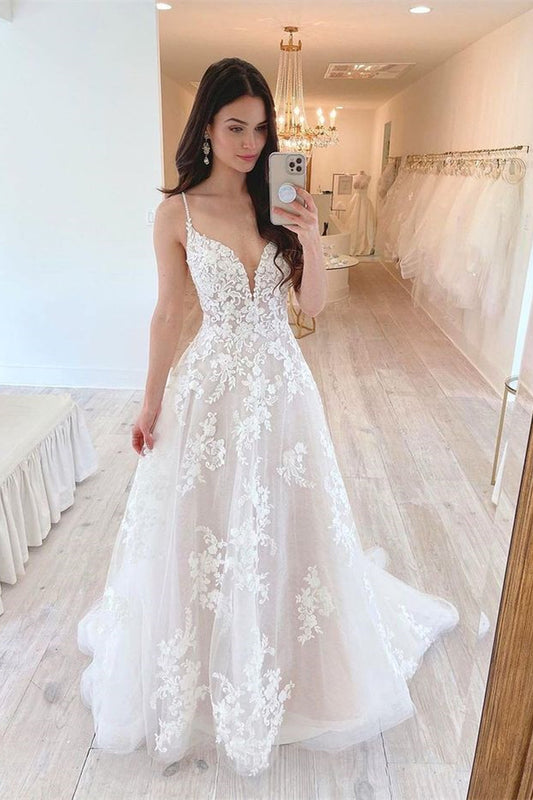 A-Line Wedding Gown with Spaghetti Straps and Tulle Lace