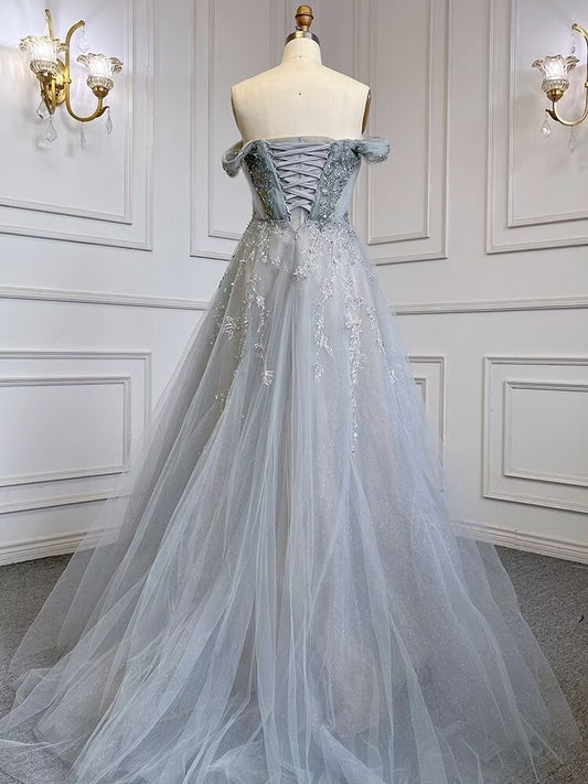 Dusty Blue Sequin Prom Dress Long A Line V Neck Sleeveless Backless