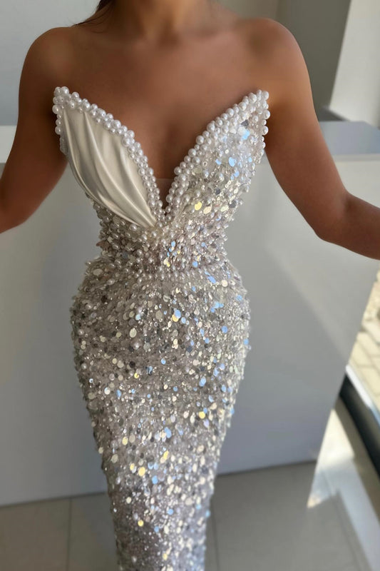Chic White V-Neck Mermaid Prom Dress Sequins Long With Pearls