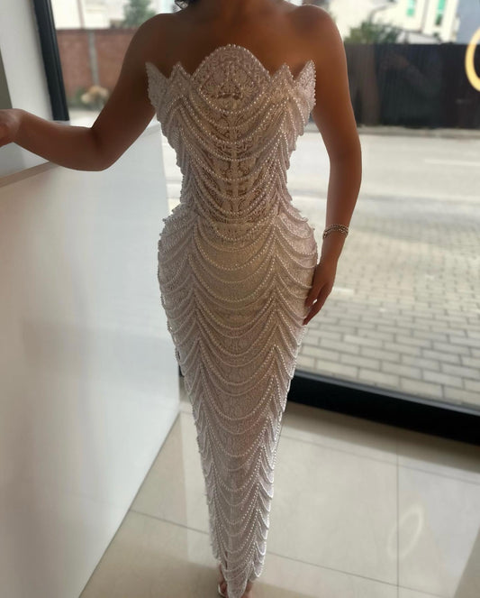 Stunning Strapless Mermaid Lace Evening Prom Dresss With Pearls Long On Sale