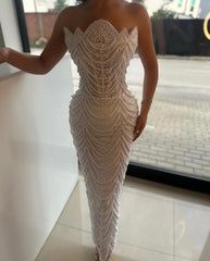 Stunning Strapless Mermaid Lace Evening Prom Dresss With Pearls Long On Sale