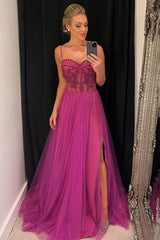 New Arrival Hot Pink Tulle Prom Dress Spaghetti-Straps With Bead