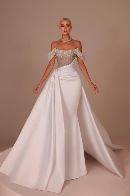 White Off-the-Shoulder Sequins Long Prom Dress Sleeveless with Beads