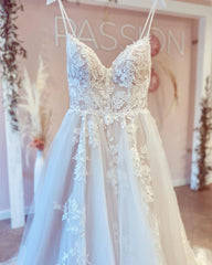 Long A-line Wedding Dress with Elegant V-neck and Spaghetti-Straps in Tulle, Backless Design