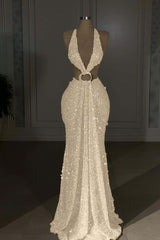 Glamorous Gold Halter Backless Sequin Evening Dress