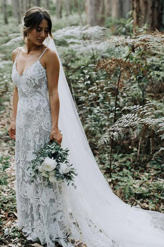 Elegant Backless A-line Wedding Dress with Lace and Spaghetti Straps