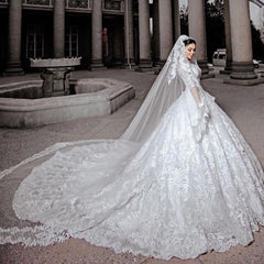 Elegant Princess Wedding Gown with Chic Bead Appliques and Long Sleeves in Tulle