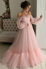 Stunning Long Sleeves Tulle Prom Dresses Off-the-Shoulder Long