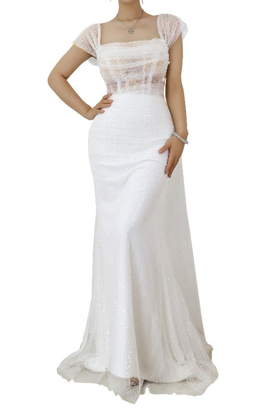 Elegant Prom Dress Long Tulle White Spaghetti Strap Sleeveless