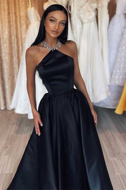 Amazing Halter Sleeveless Black Prom Dress Long Satin Party Gowns