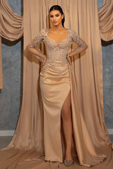 Long Sleeves V-Neck Beaded Lace Appliques Prom Dress with Ruffles