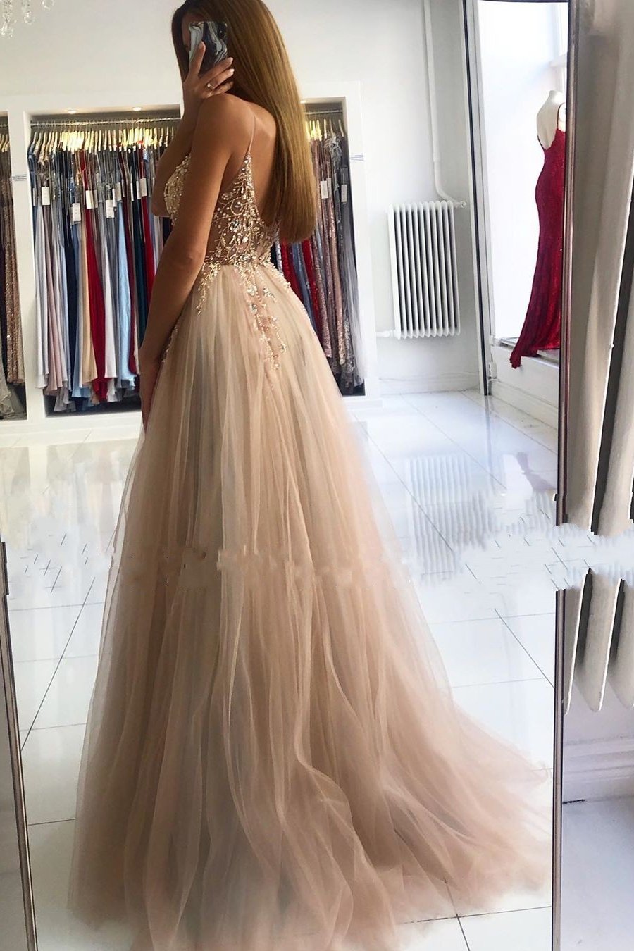 Stunning Spaghetti-Straps Beadings Long Prom Dress With Split On Sale