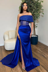 Popular Royal Blue One Shoulder Mermaid Prom Dresses With High Split Pearls