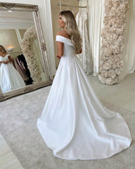 Elegant A-line Satin Wedding Dress with Sweetheart Backless and Off-the-Shoulder Design